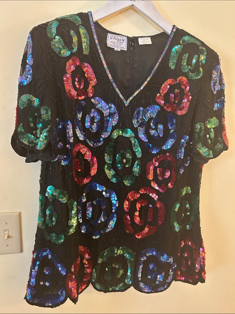 Stenay silk blouse vintage vibrant floral pattern red green blue sequins India